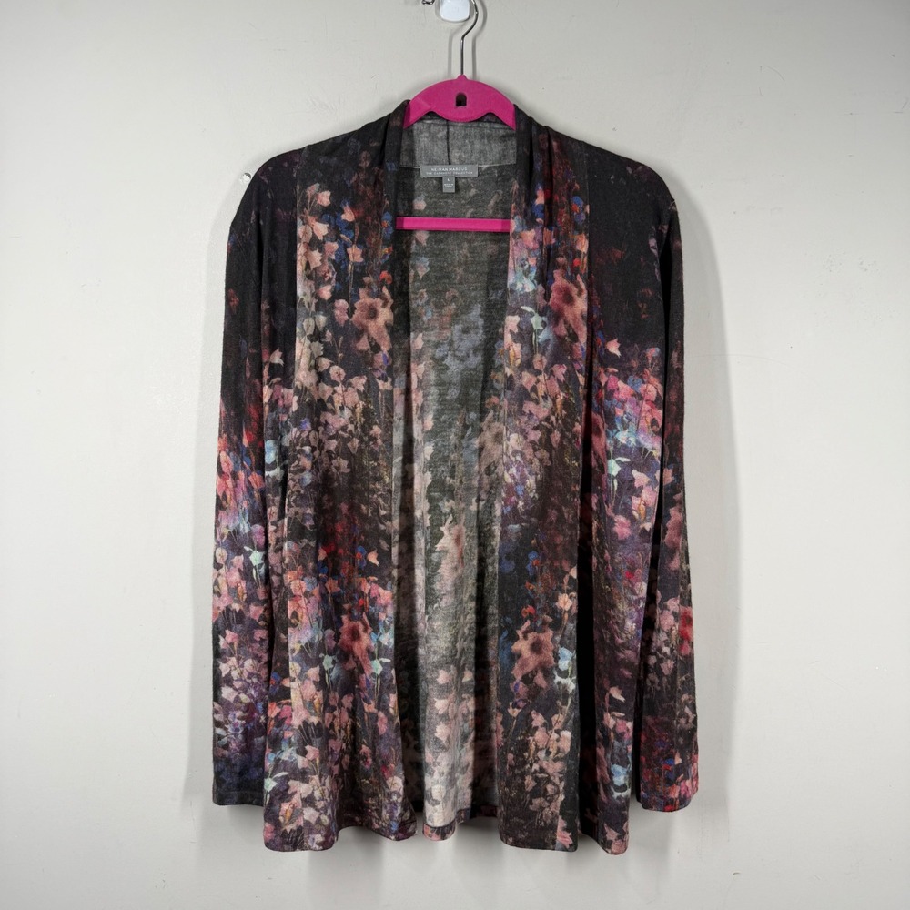 Neiman Marcus Cashmere Whimsy Floral Cardigan Sweater Gray Pink Large Open Front